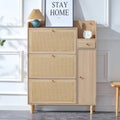 Schuhschrank mit Rattanfront, 3 Klappschubladen, Seitenfach und Holzbeinen