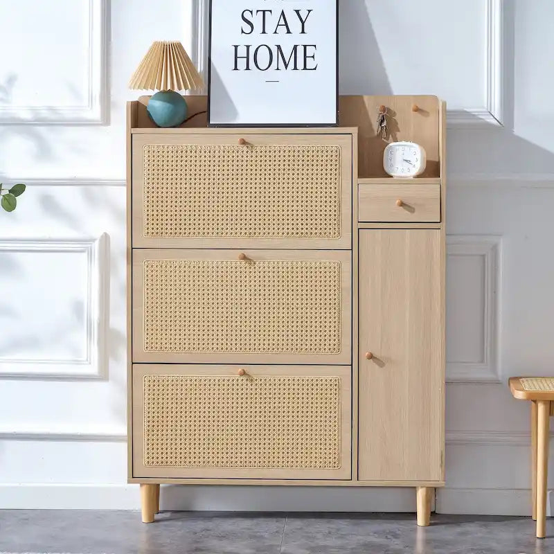 Rattan Front Shoe Cabinet with 3 Flip Drawers Side Compartment and Wood Legs