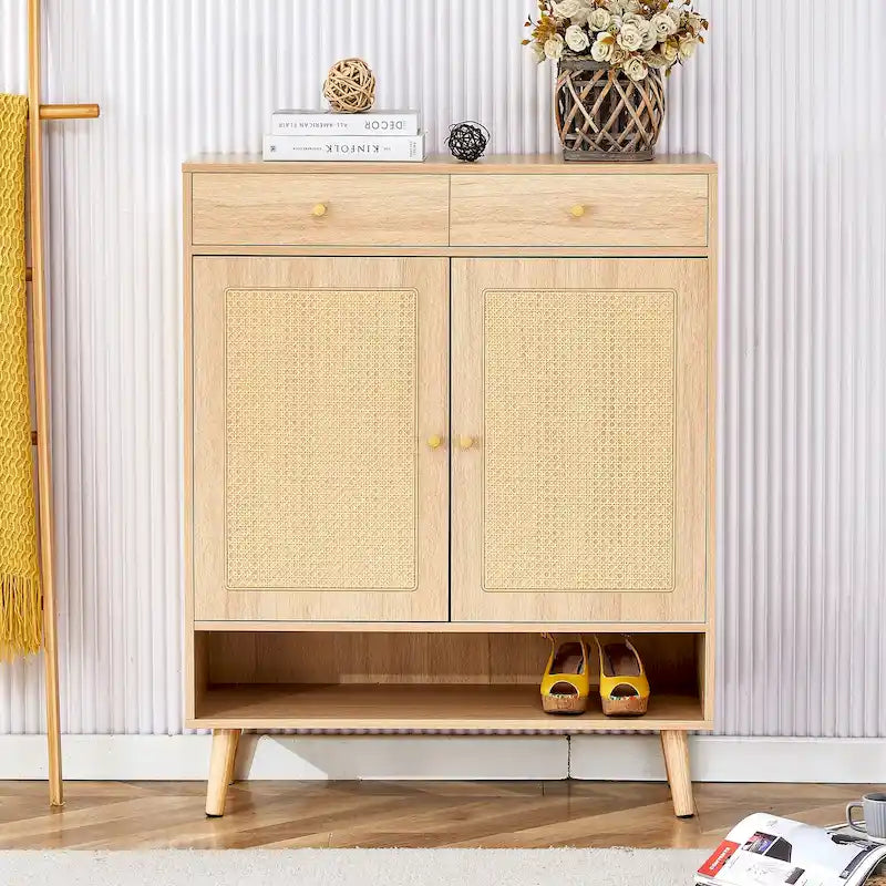 Rattan Front Shoe Cabinet with 3 Flip Drawers Side Compartment and Wood Legs