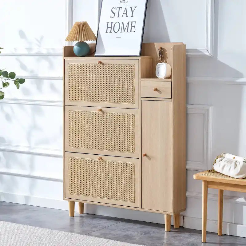 Schuhschrank mit Rattanfront, 3 Klappschubladen, Seitenfach und Holzbeinen