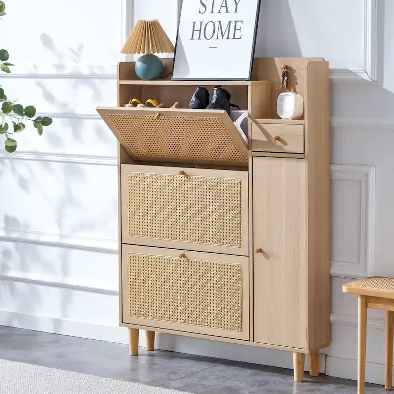 Schuhschrank mit Rattanfront, 3 Klappschubladen, Seitenfach und Holzbeinen