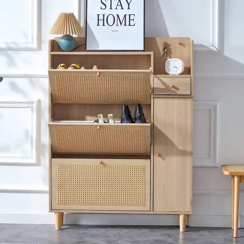 Schuhschrank mit Rattanfront, 3 Klappschubladen, Seitenfach und Holzbeinen