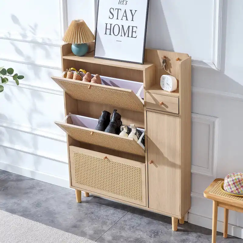 Rattan Front Shoe Cabinet with 3 Flip Drawers Side Compartment and Wood Legs