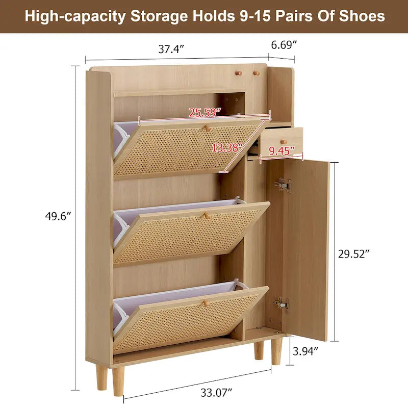 Schuhschrank mit Rattanfront, 3 Klappschubladen, Seitenfach und Holzbeinen