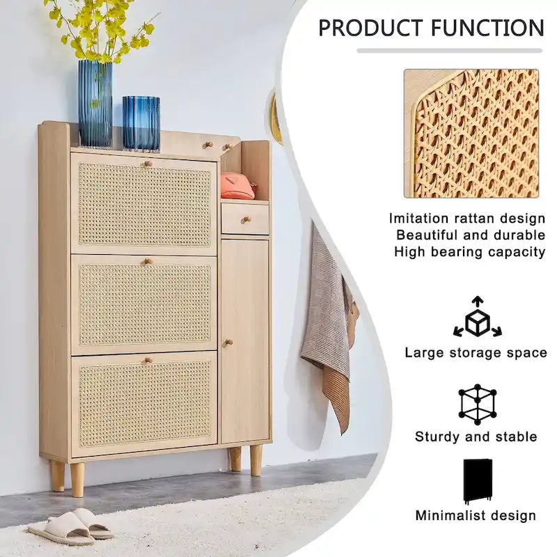 Schuhschrank mit Rattanfront, 3 Klappschubladen, Seitenfach und Holzbeinen