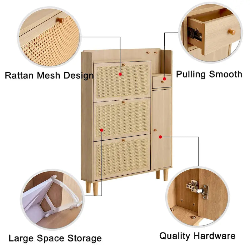 Schuhschrank mit Rattanfront, 3 Klappschubladen, Seitenfach und Holzbeinen