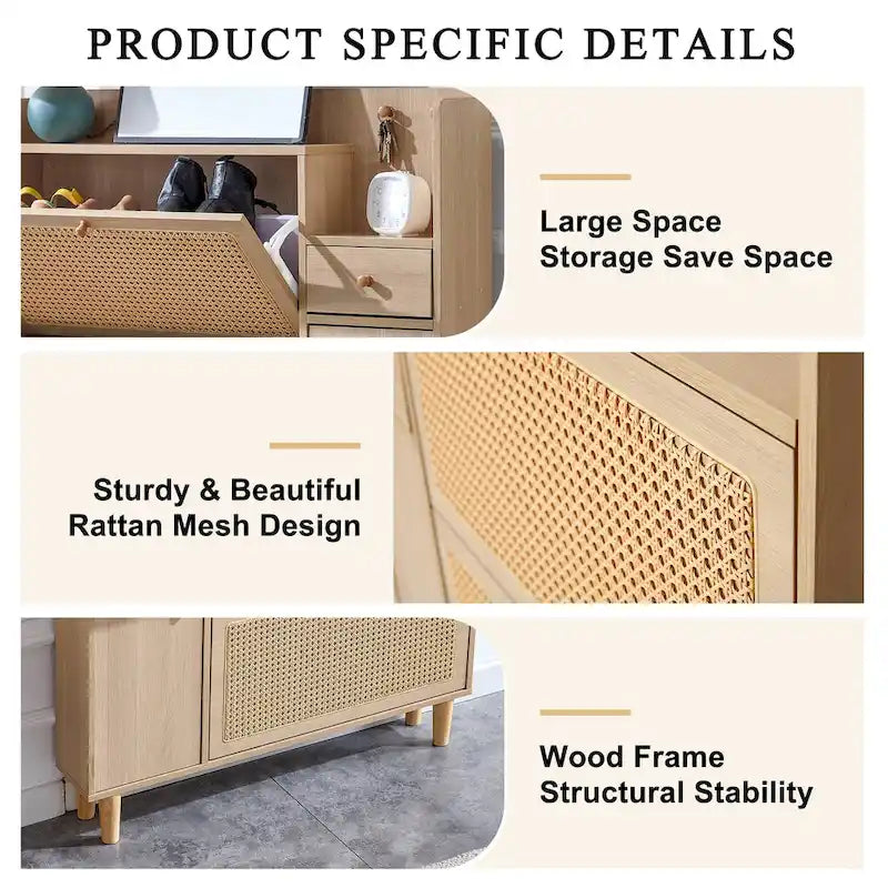 Schuhschrank mit Rattanfront, 3 Klappschubladen, Seitenfach und Holzbeinen