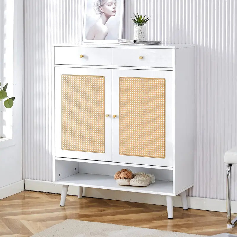 Schuhschrank mit Rattanfront, 3 Klappschubladen, Seitenfach und Holzbeinen