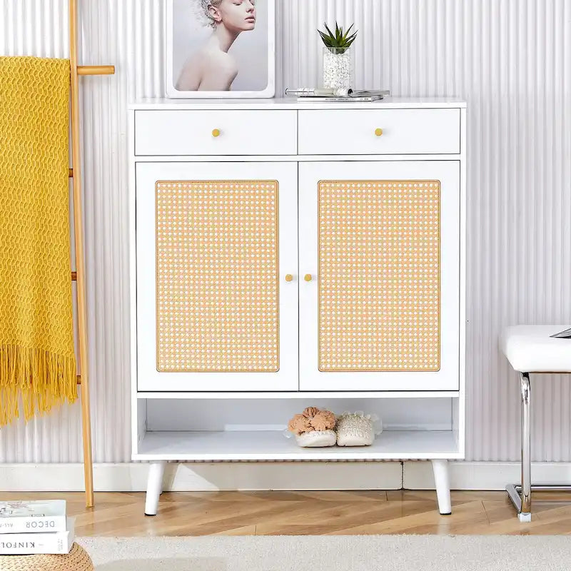 Schuhschrank mit Rattanfront, 3 Klappschubladen, Seitenfach und Holzbeinen