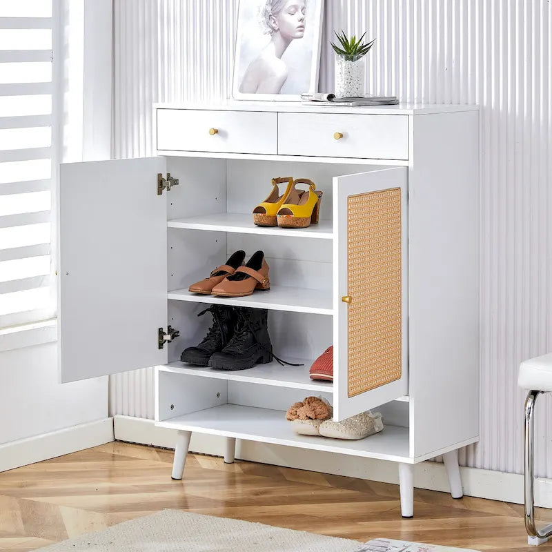 Schuhschrank mit Rattanfront, 3 Klappschubladen, Seitenfach und Holzbeinen