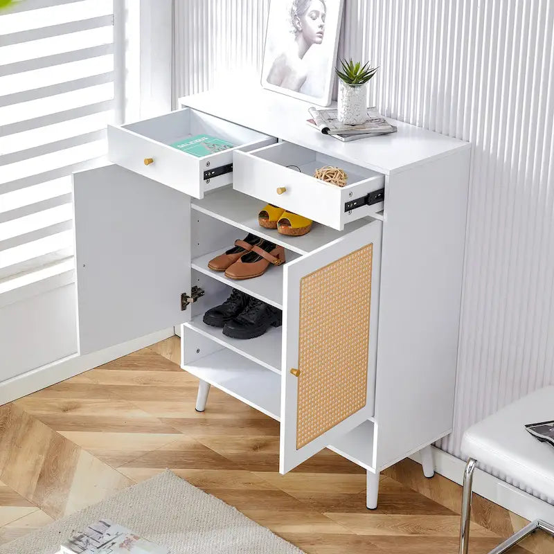 Schuhschrank mit Rattanfront, 3 Klappschubladen, Seitenfach und Holzbeinen