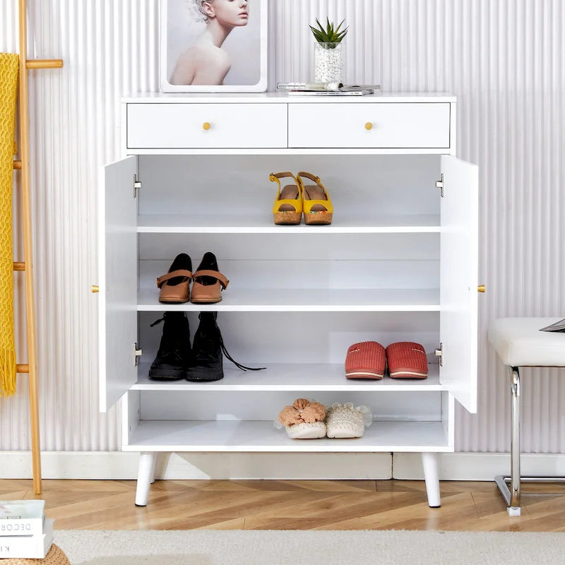 Schuhschrank mit Rattanfront, 3 Klappschubladen, Seitenfach und Holzbeinen