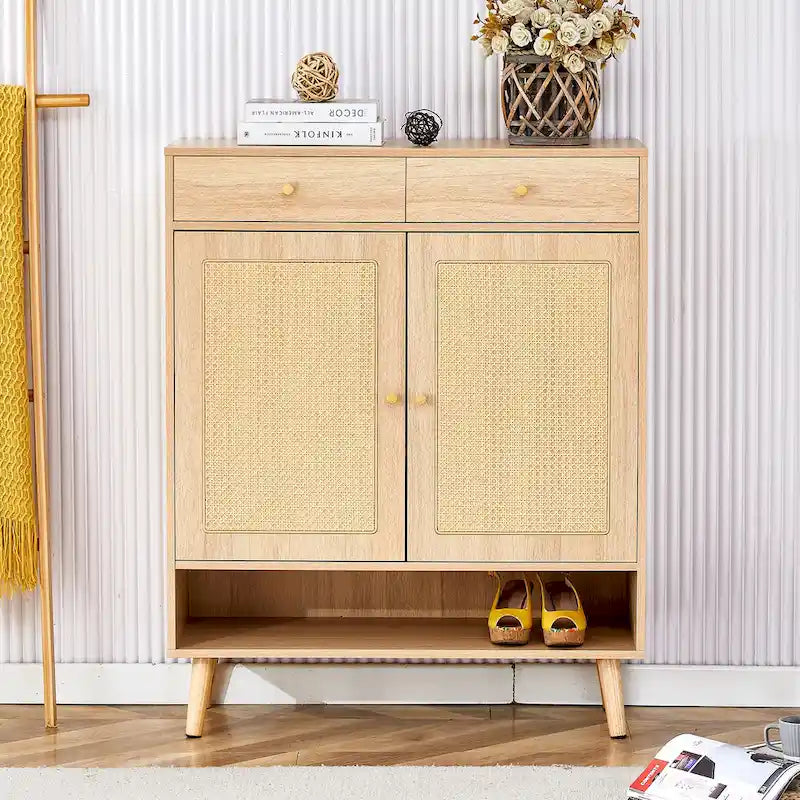 Schuhschrank mit Rattanfront, 3 Klappschubladen, Seitenfach und Holzbeinen