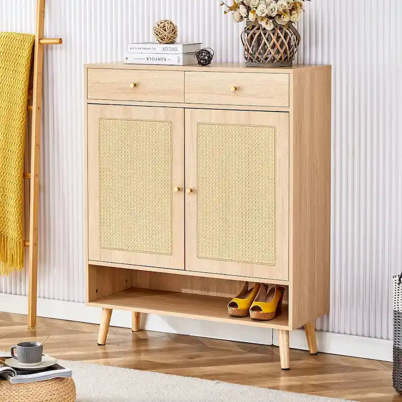 Schuhschrank mit Rattanfront, 3 Klappschubladen, Seitenfach und Holzbeinen