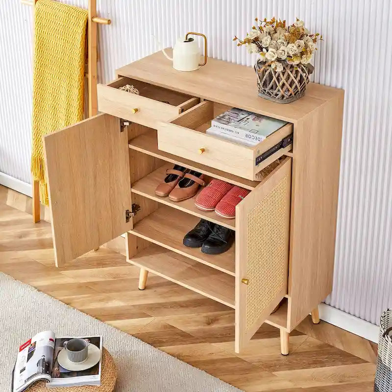 Schuhschrank mit Rattanfront, 3 Klappschubladen, Seitenfach und Holzbeinen