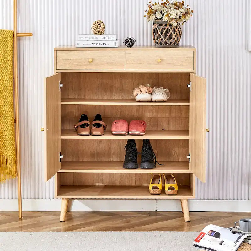 Schuhschrank mit Rattanfront, 3 Klappschubladen, Seitenfach und Holzbeinen