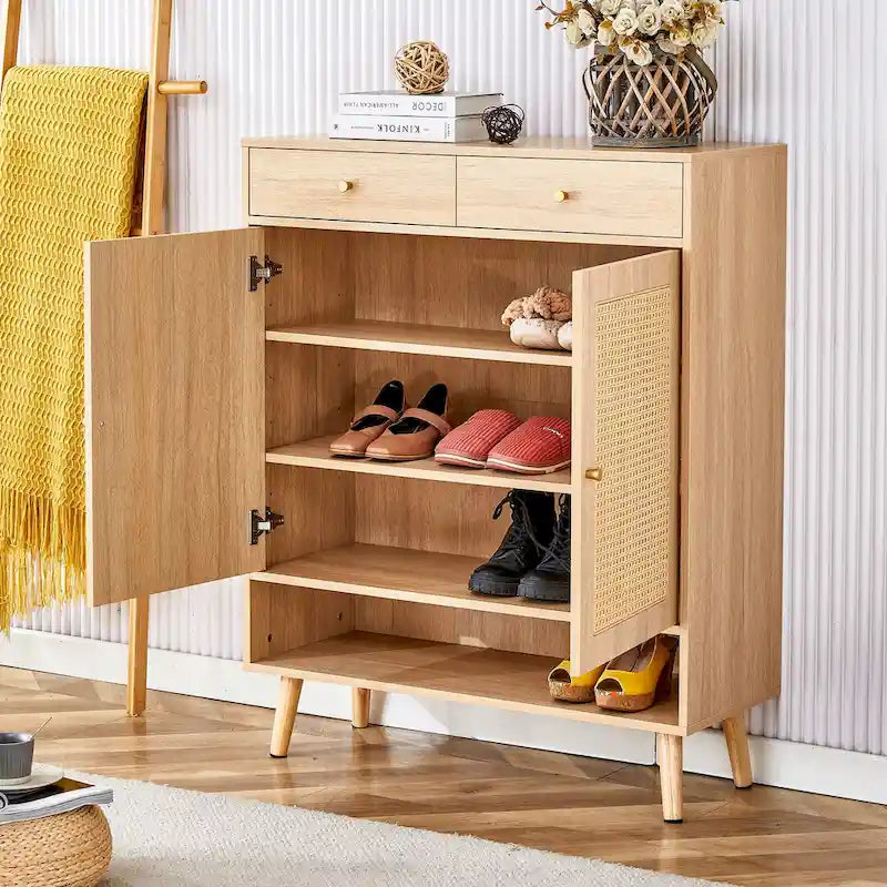 Schuhschrank mit Rattanfront, 3 Klappschubladen, Seitenfach und Holzbeinen