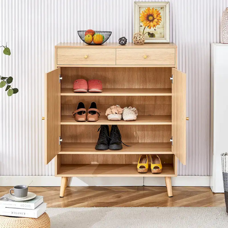 Schuhschrank mit Rattanfront, 3 Klappschubladen, Seitenfach und Holzbeinen