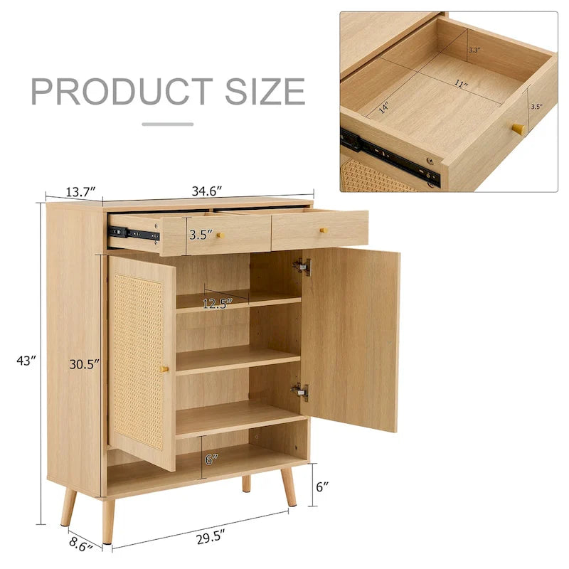 Schuhschrank mit Rattanfront, 3 Klappschubladen, Seitenfach und Holzbeinen