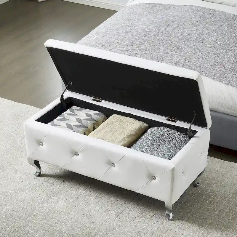 Faux Leather Storage Ottoman Bench with Crystal Button Tufting Safety Hinge and Silver Legs