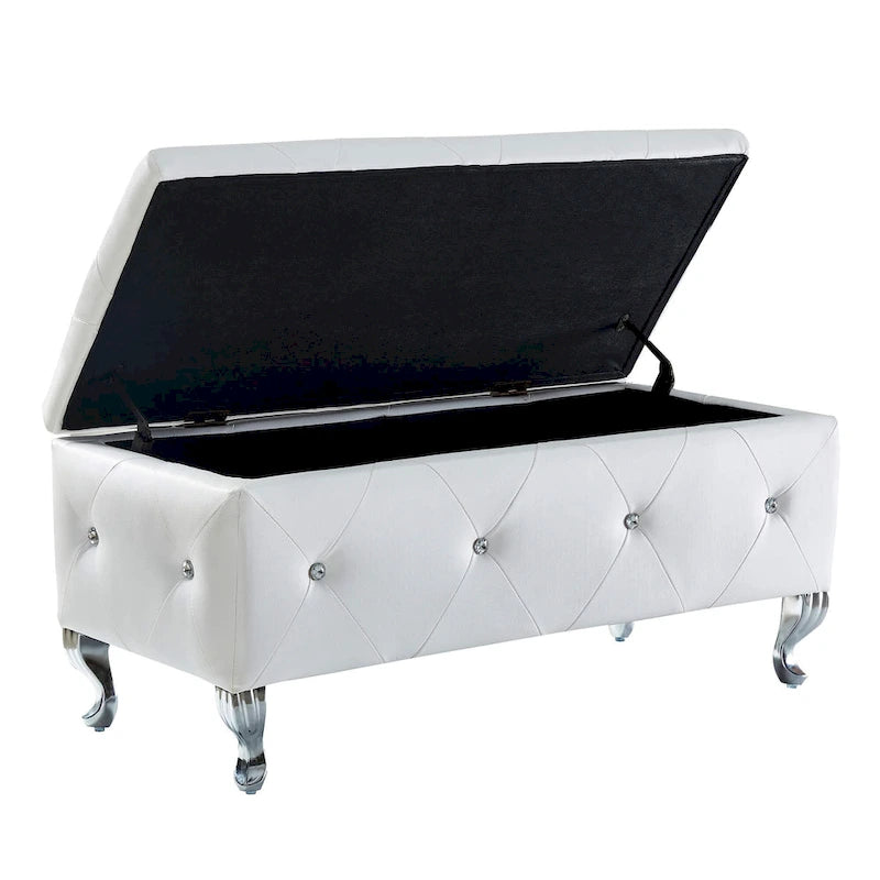 Faux Leather Storage Ottoman Bench with Crystal Button Tufting Safety Hinge and Silver Legs