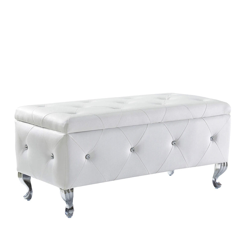 Faux Leather Storage Ottoman Bench with Crystal Button Tufting Safety Hinge and Silver Legs
