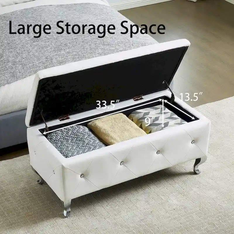 Faux Leather Storage Ottoman Bench with Crystal Button Tufting Safety Hinge and Silver Legs