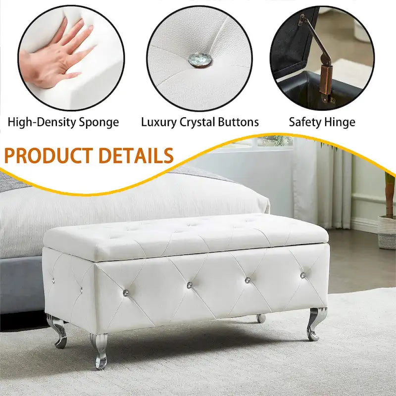 Faux Leather Storage Ottoman Bench with Crystal Button Tufting Safety Hinge and Silver Legs