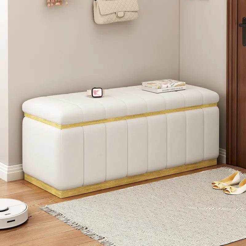 Channel-Tufted Flip-Top Storage Bench with Linen Blend Upholstery Gold Plinth Base and 400 lb Capacity