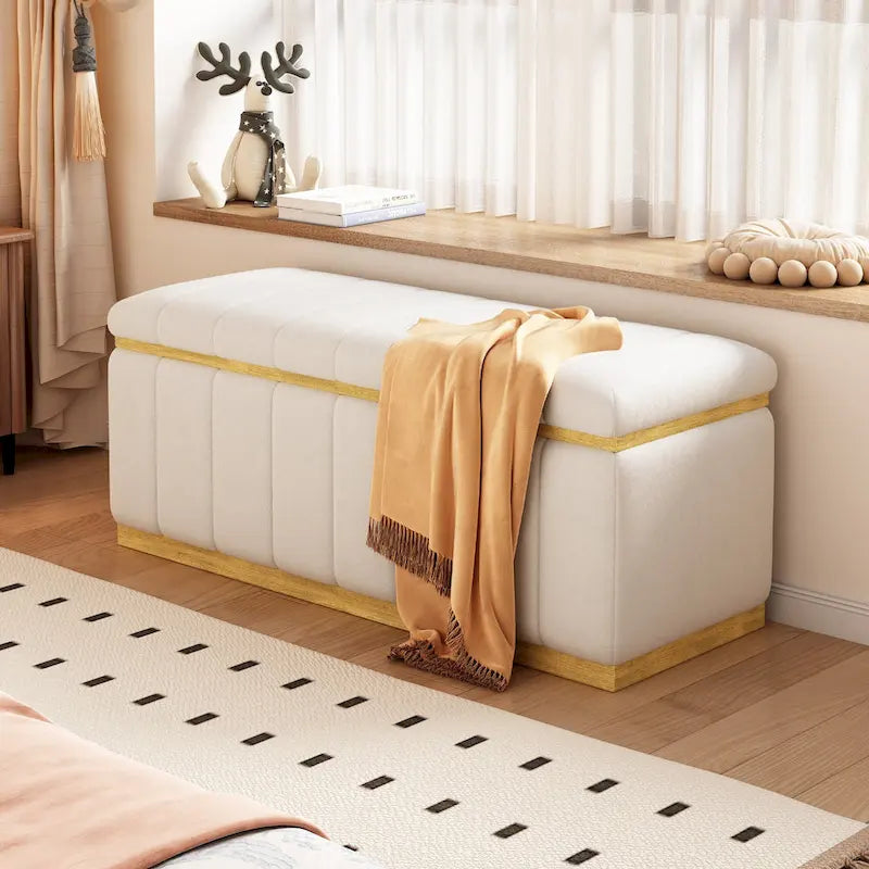Channel-Tufted Flip-Top Storage Bench with Linen Blend Upholstery Gold Plinth Base and 400 lb Capacity
