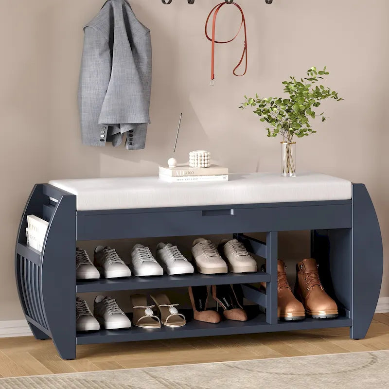 Entryway Storage Bench with Lift-Top Hidden Storage Cushioned Seat and Open Shoe Shelves