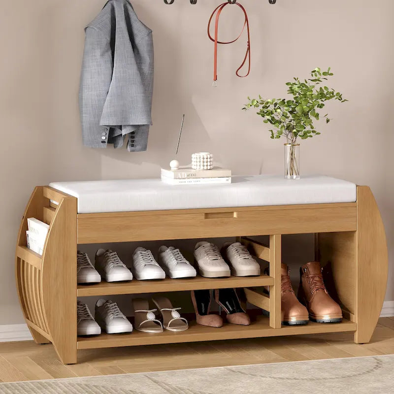 Entryway Storage Bench with Lift-Top Hidden Storage Cushioned Seat and Open Shoe Shelves