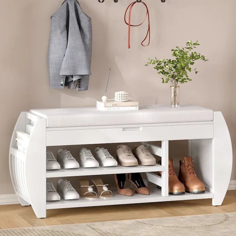 Entryway Storage Bench with Lift-Top Hidden Storage Cushioned Seat and Open Shoe Shelves