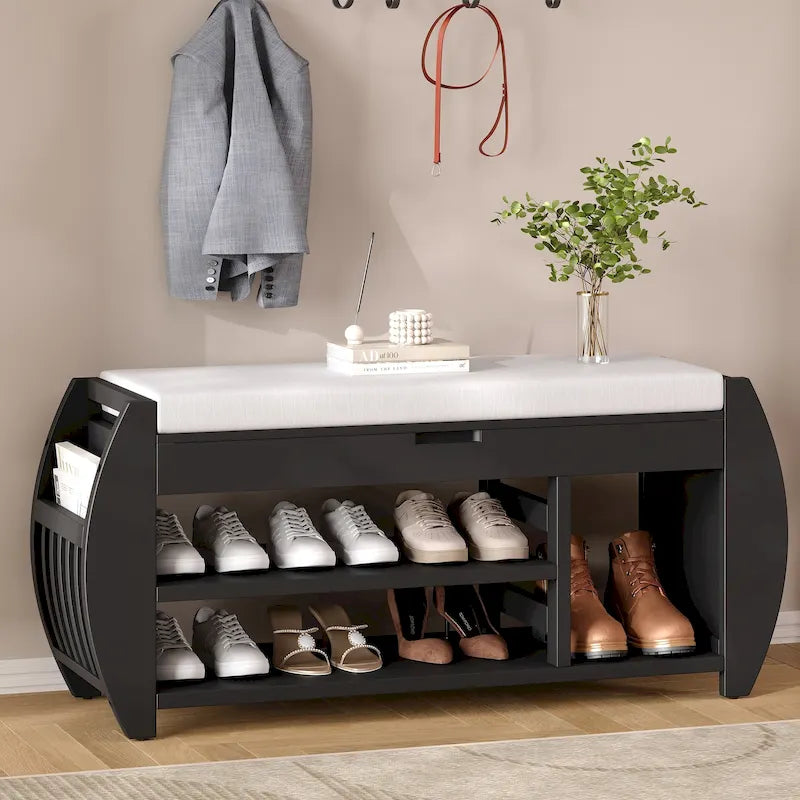 Entryway Storage Bench with Lift-Top Hidden Storage Cushioned Seat and Open Shoe Shelves