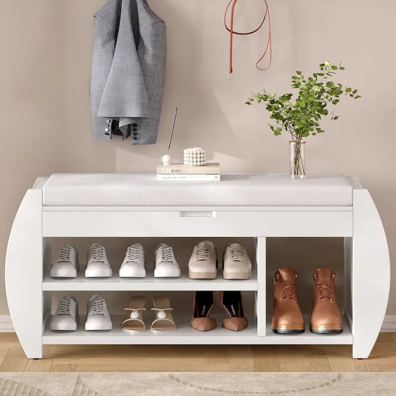 Entryway Storage Bench with Lift-Top Hidden Storage Cushioned Seat and Open Shoe Shelves