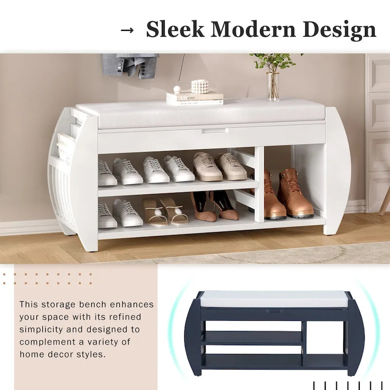 Entryway Storage Bench with Lift-Top Hidden Storage Cushioned Seat and Open Shoe Shelves