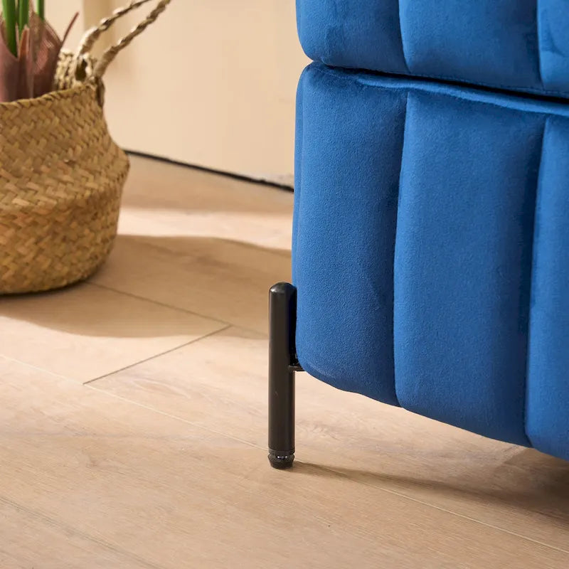 Panca pouf contenitore in velluto alta 49 Inch con trapuntatura a canali, seduta in schiuma e gambe in metallo nero