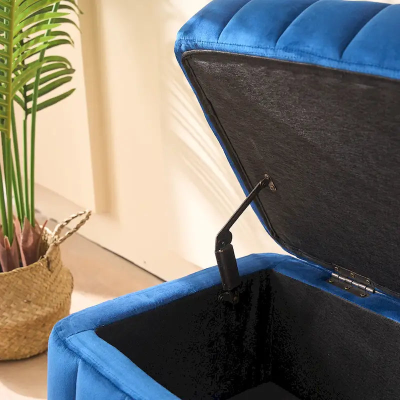 Panca pouf contenitore in velluto alta 49 Inch con trapuntatura a canali, seduta in schiuma e gambe in metallo nero