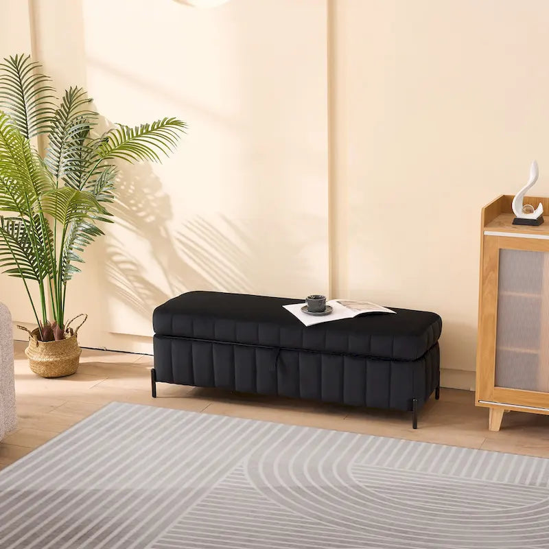 Panca pouf contenitore in velluto alta 49 Inch con trapuntatura a canali, seduta in schiuma e gambe in metallo nero