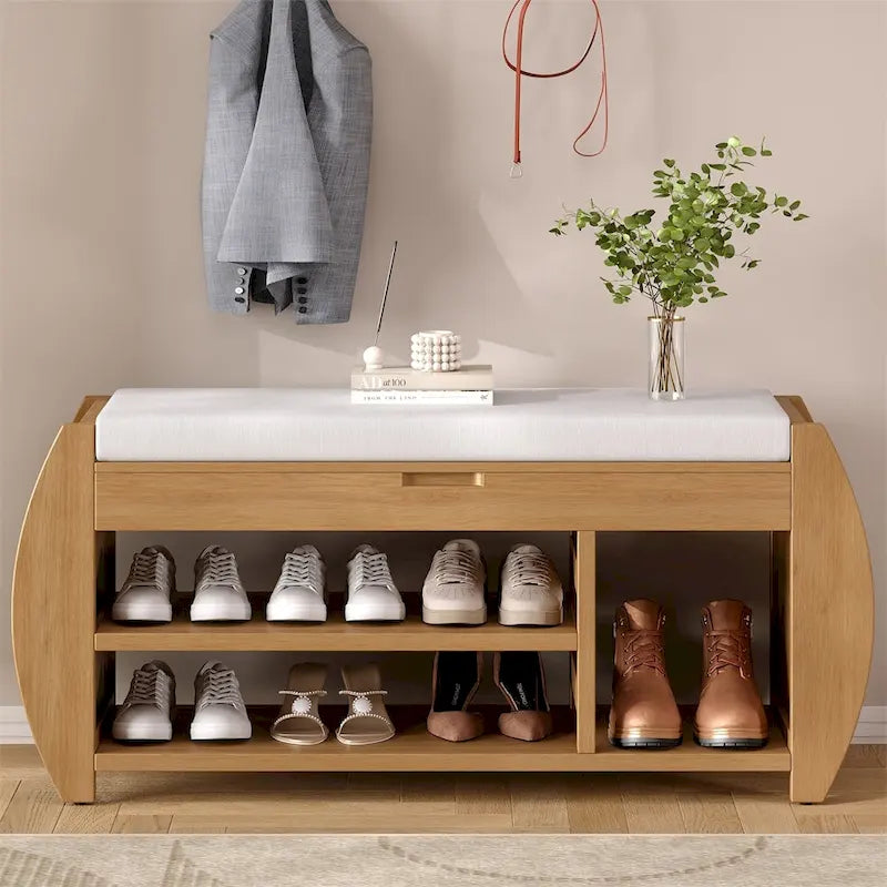 Entryway Storage Bench with Lift-Top Hidden Compartment 2-Tier Open Shoe Rack and Curved Side Panels