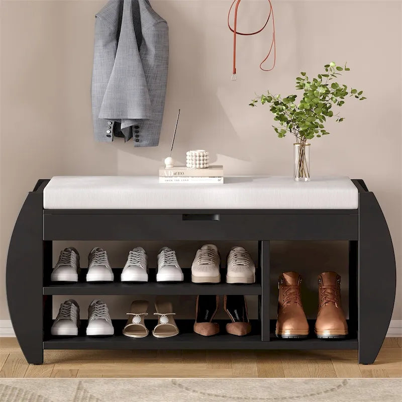 Entryway Storage Bench with Lift-Top Hidden Compartment 2-Tier Open Shoe Rack and Curved Side Panels
