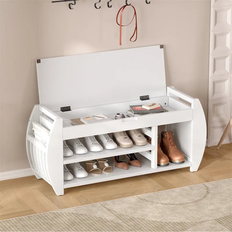 Entryway Storage Bench with Lift-Top Hidden Compartment 2-Tier Open Shoe Rack and Curved Side Panels