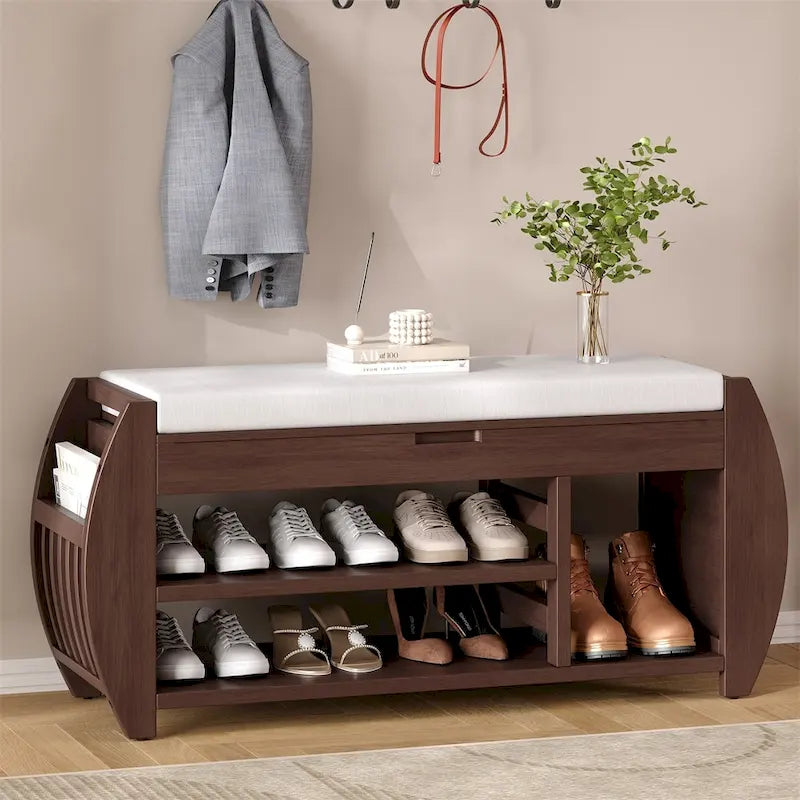 Entryway Storage Bench with Lift-Top Hidden Compartment 2-Tier Open Shoe Rack and Curved Side Panels
