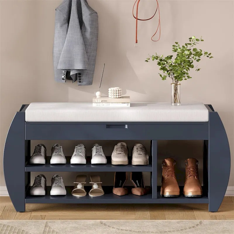 Entryway Storage Bench with Lift-Top Hidden Compartment 2-Tier Open Shoe Rack and Curved Side Panels