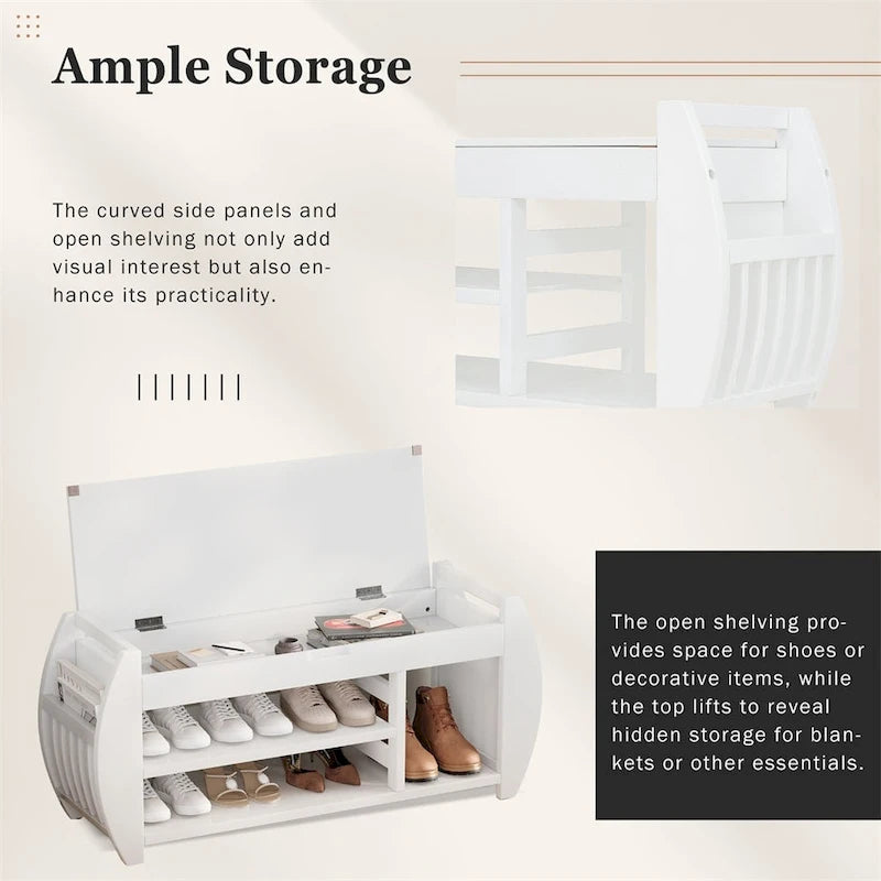Entryway Storage Bench with Lift-Top Hidden Compartment 2-Tier Open Shoe Rack and Curved Side Panels