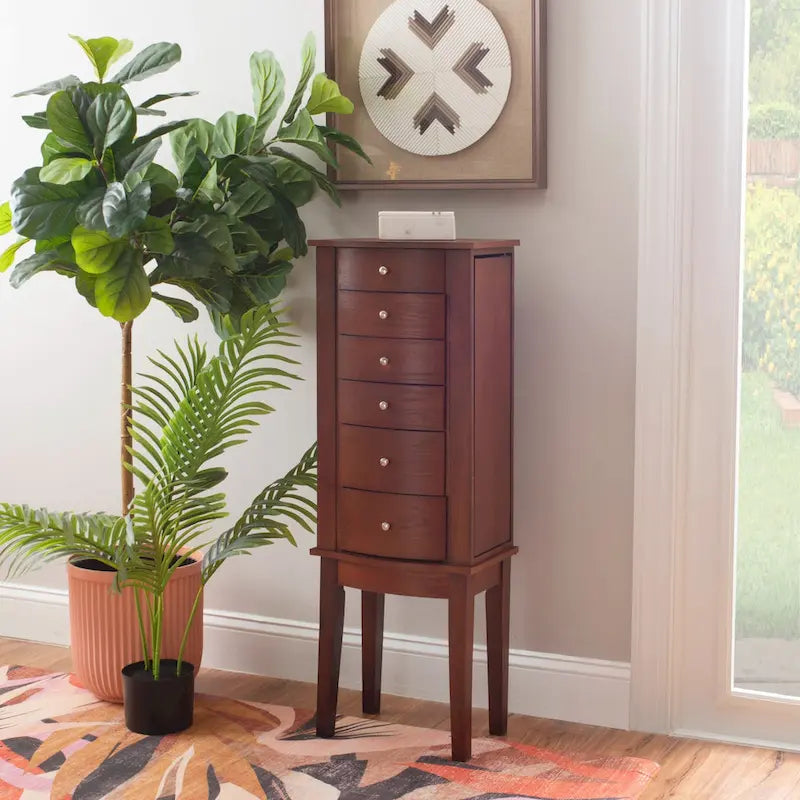 6-Drawer Wooden Jewelry Armoire with Plush Black Lining - 40 - Merlot Brown