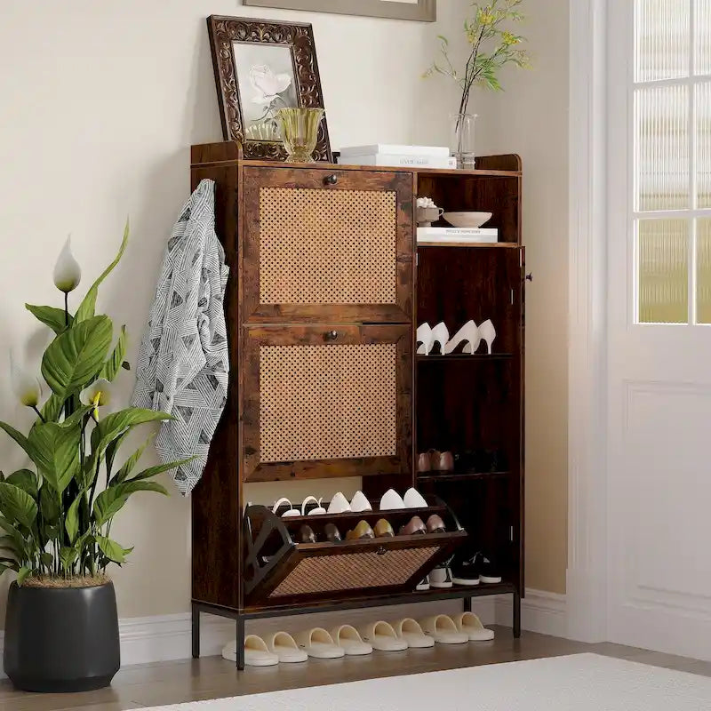 Rattan Shoe Cabinet with Flip Drawers Open Shelf Side Hooks and Top Fence