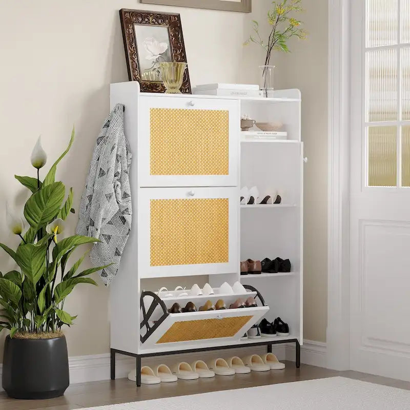Rattan Shoe Cabinet with Flip Drawers Open Shelf Side Hooks and Top Fence