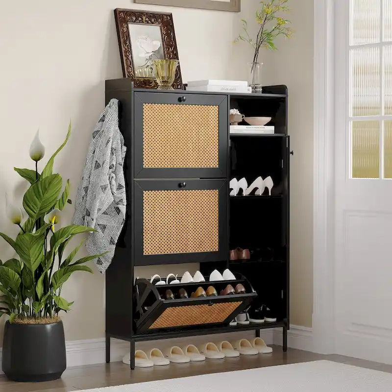 Rattan Shoe Cabinet with Flip Drawers Open Shelf Side Hooks and Top Fence