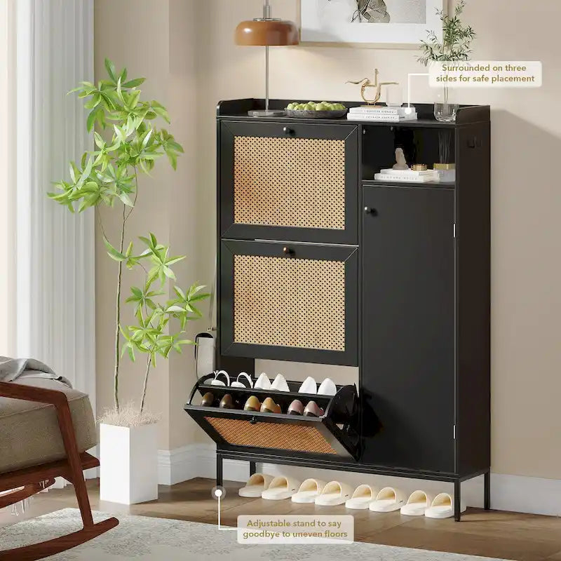 Rattan Shoe Cabinet with Flip Drawers Open Shelf Side Hooks and Top Fence